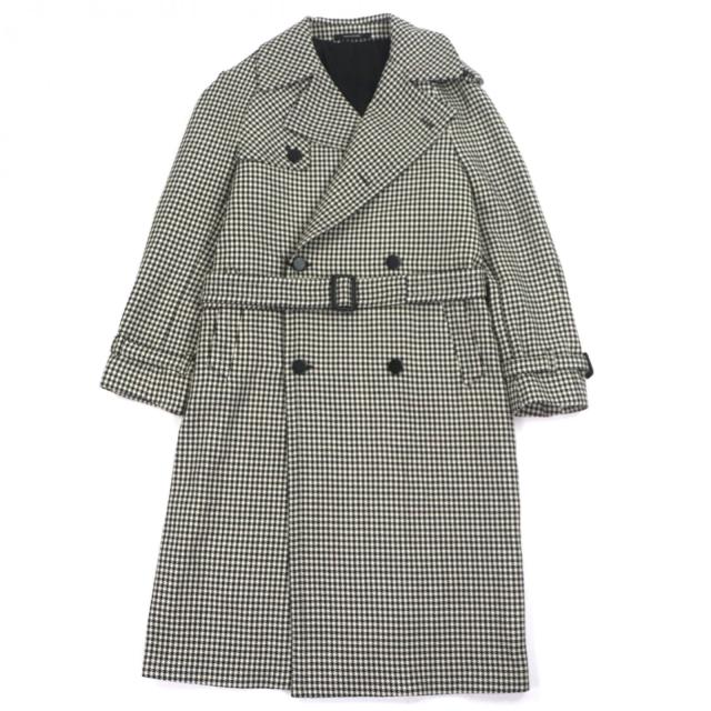 未使用品▼TAGLIATORE タリアトーレ ウール100% 千鳥格子柄 レザー使い ベルト付き ロング トレンチコート ブラック 48 伊製 メンズ