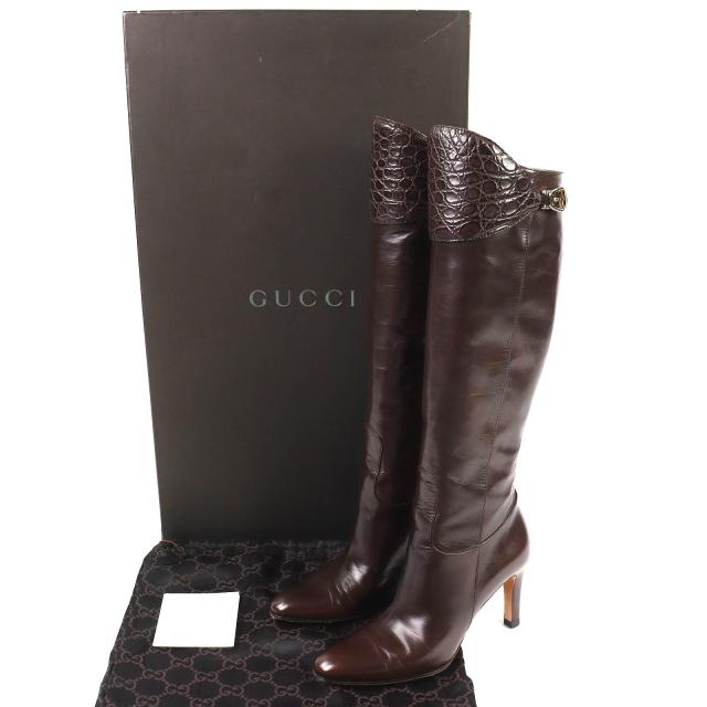 美品△GUCCI グッチ 151606 クロコダイル使い レザー ジョッキーブーツ ロングブーツ ダークブラウン 6.5 袋付き イタリア製 レディース_1