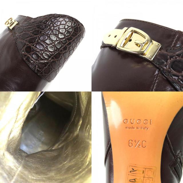 美品△GUCCI グッチ 151606 クロコダイル使い レザー ジョッキーブーツ ロングブーツ ダークブラウン 6.5 袋付き イタリア製 レディース_8