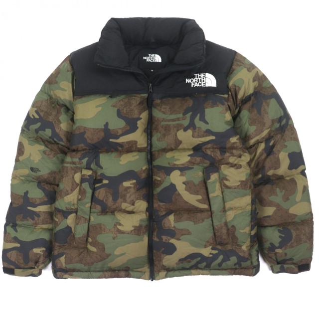極美品▼ザ・ノースフェイス ND92336 Novelty Nuptse Jacket カモフラ柄 フード入 ロゴ刺繍 ポケッタブル仕様 ダウンジャケット M 正規品
