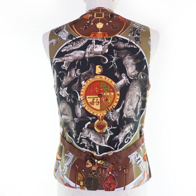 美品☆HERMES エルメス ヴィンテージ 褐色の男達の伝説 シルク100％ マルジェラ期 レザー切替 ベスト ブラウン 34 正規品 レディース_2