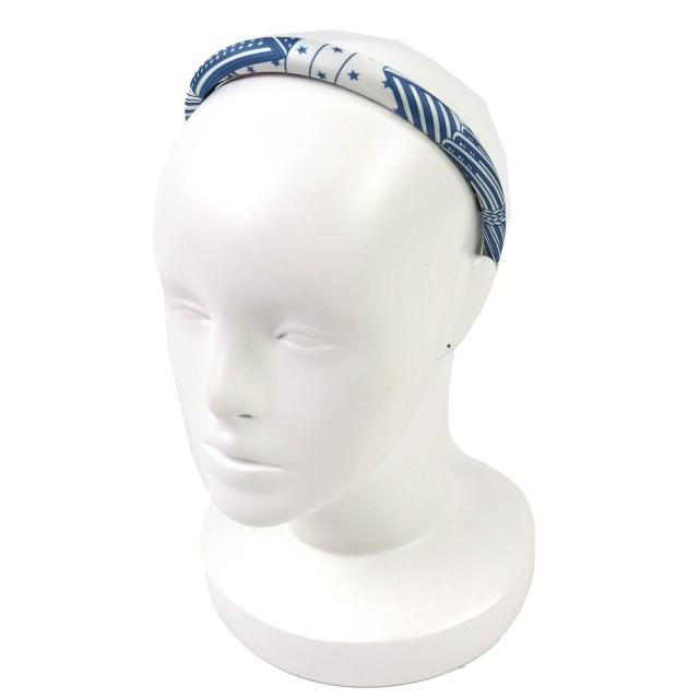 極美品△HERMES エルメス ジナ ジグザグ シルク スター ヘアバンド ヘアアクセサリー カチューシャ ブルー ホワイト 箱付き フランス製_2