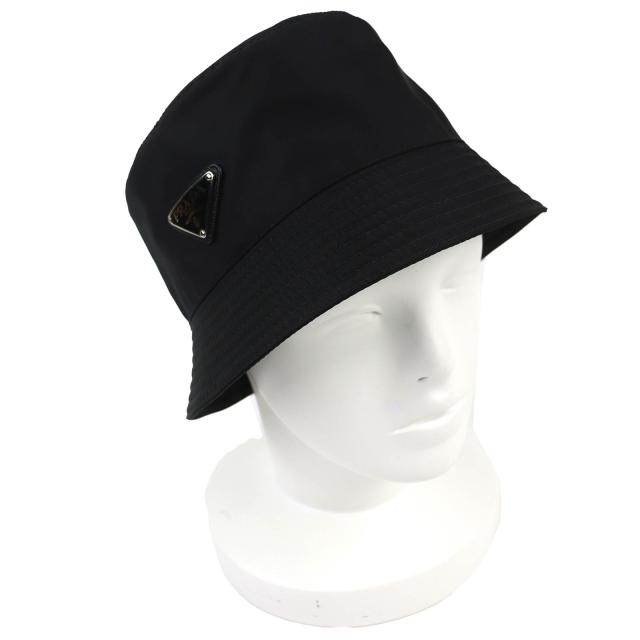 美品△PRADA プラダ 1HC137 トライアングルロゴ RE-NYLON バケットハット 帽子 ブラック S イタリア製 正規品 レディース