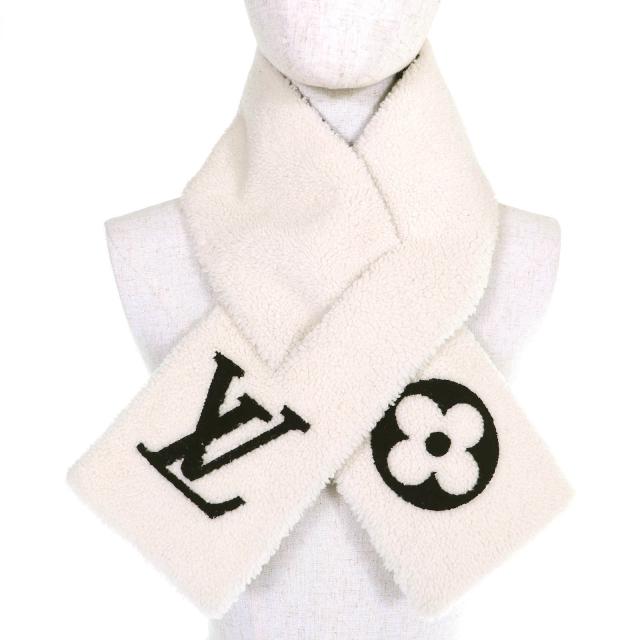 美品△LOUIS VUITTON ルイヴィトン 2021年製 M77054 エシャルプ シャーリング LVロゴ シアリングムートン マフラー アイボリー 正規品_1