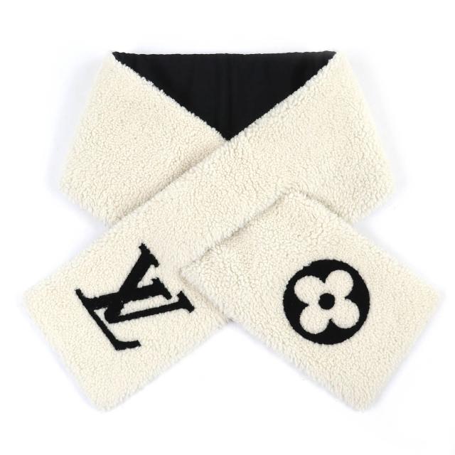 美品△LOUIS VUITTON ルイヴィトン 2021年製 M77054 エシャルプ シャーリング LVロゴ シアリングムートン マフラー アイボリー 正規品