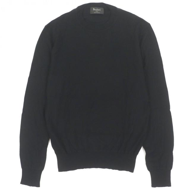 美品▼Berluti ベルルッティ カシミヤ シルク レザーパイピング クルーネック ロングスリーブ 薄手 ハイゲージニットセーター A46 正規品