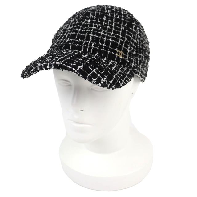 美品△CHANEL シャネル 23B ココマーク ツイード ベースボールキャップ 帽子 ブラック ホワイト ゴールド金具 伊製 正規品 レディース