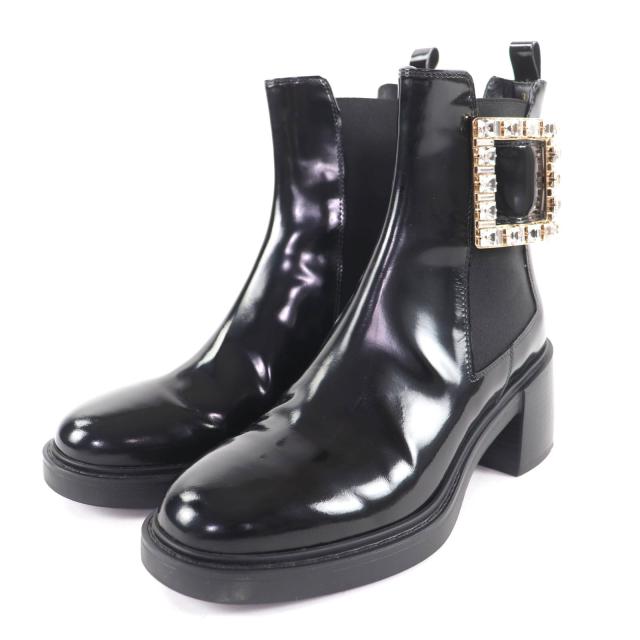 美品★ROGER VIVIER ロジェヴィヴィエ ヴィヴ レンジャー なめし革 チェルシー ブーツ ストラスバックル 黒いこと 37 必要経費297000円