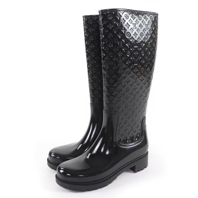 美品☆LOUIS VUITTON ルイヴィトン スプラッシュ・ライン モノグラム レインブーツ ロングブーツ ブラック 38 イタリア製 レディース
