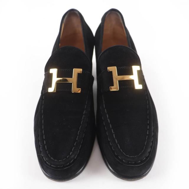 美品☆HERMES エルメス ヴィンテージ コンスタンス ゴールド金具 H金具 スウェードレザー ローファー ブラック 37 イタリア製 レディース_2