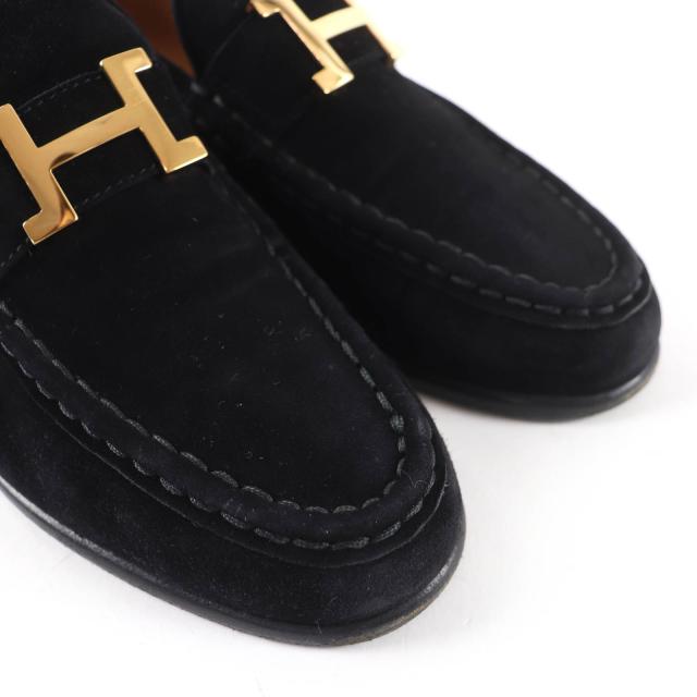 美品☆HERMES エルメス ヴィンテージ コンスタンス ゴールド金具 H金具 スウェードレザー ローファー ブラック 37 イタリア製 レディース_6