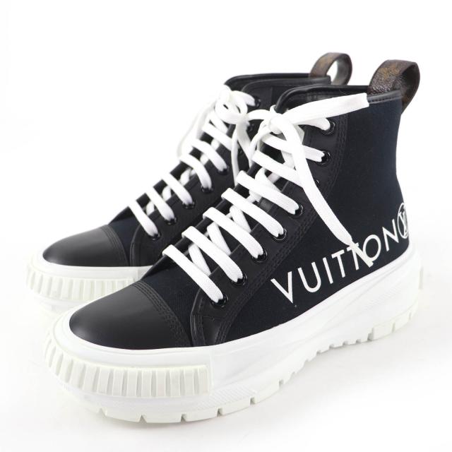 極美品☆LOUIS VUITTON ルイヴィトン LVスクァッド・ライン キャンバス レザー ハイカットスニーカー ブラック 36 イタリア製 レディース