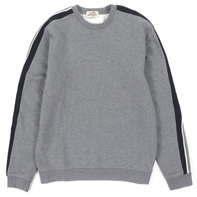 美品▼HERMES エルメス 21AW ランH コットン100% クルーネック 裏起毛 トレーナー プルオーバー スウェット グレー M 伊製 正規品 メンズ