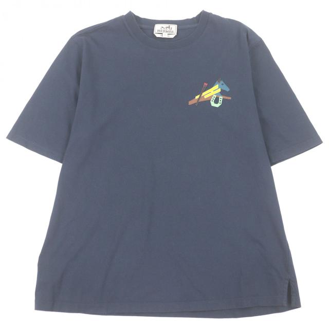 美品□HERMES エルメス 22SS コットン100％ ラムレザーホースパッチ ショートスリーブ 半袖Ｔシャツ カットソー ネイビー S イタリア製