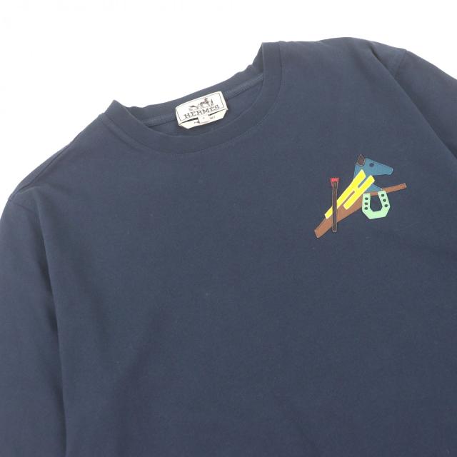 美品□HERMES エルメス 22SS コットン100％ ラムレザーホースパッチ ショートスリーブ 半袖Ｔシャツ カットソー ネイビー S イタリア製_1
