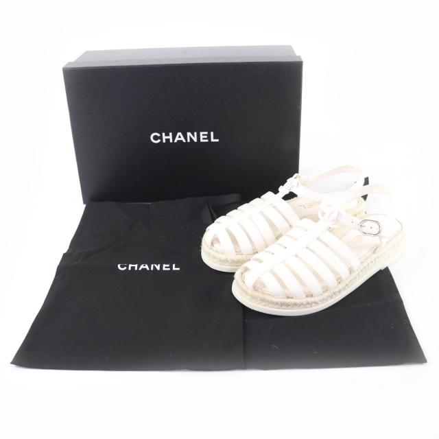 美品★CHANEL シャネル G45425 ココマーク エスパドリーユ レザー グルカサンダル ホワイト 36 箱・保存袋付き スペイン製 レディース_1