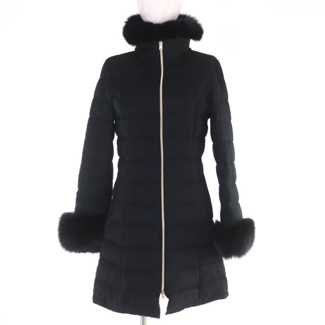 美品☆Herno ヘルノ ロロピアーナ社製生地使用 カシミヤ シルク フォックスファー付 スタンドカラー ZIP UP ダウンコート 黒 40 正規品