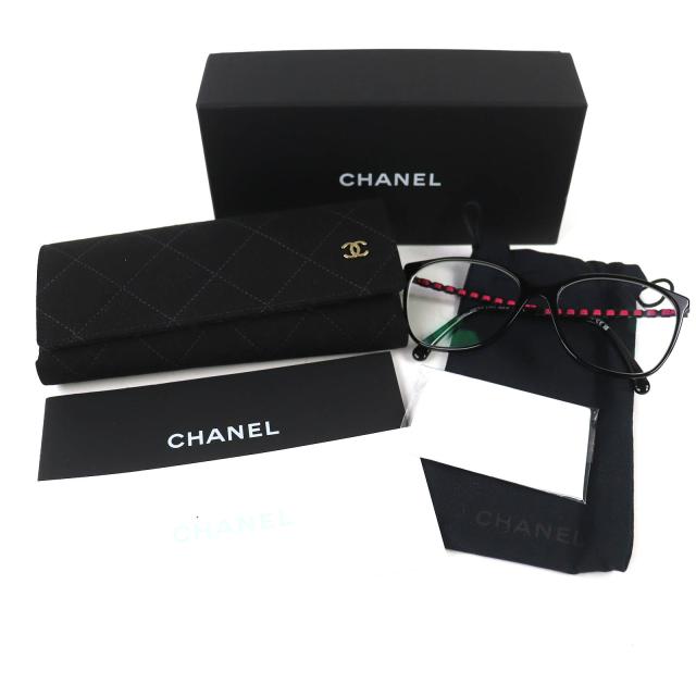 美品△CHANEL シャネル 3408-Q-A ココマーク スクエアシェイプ メガネ 眼鏡 アイウェア ブラック ピンク 54□16 140 度入り 箱・保存袋付_1