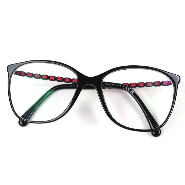 美品△CHANEL シャネル 3408-Q-A ココマーク スクエアシェイプ メガネ 眼鏡 アイウェア ブラック ピンク 54□16 140 度入り 箱・保存袋付