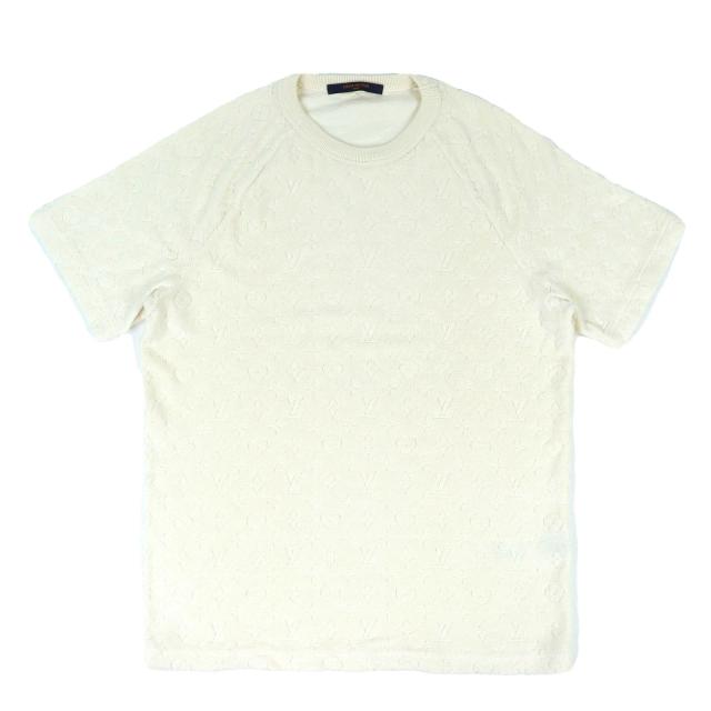 極美品△LOUIS VUITTON ルイヴィトン 19SS シルク コットン モノグラム パイル地 半袖Tシャツ トップス アイボリー S 伊製 正規品 メンズ