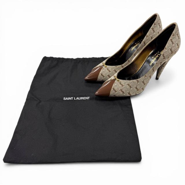 極美品◇SAINT LAURENT PARIS サンローランパリ 639634 YSLロゴ総柄 ファブリック レザー パンプス ブラウン系 35 保存袋付き イタリア製_1