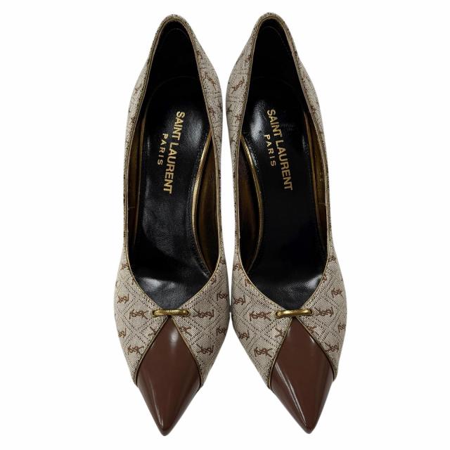 極美品◇SAINT LAURENT PARIS サンローランパリ 639634 YSLロゴ総柄 ファブリック レザー パンプス ブラウン系 35 保存袋付き イタリア製_6