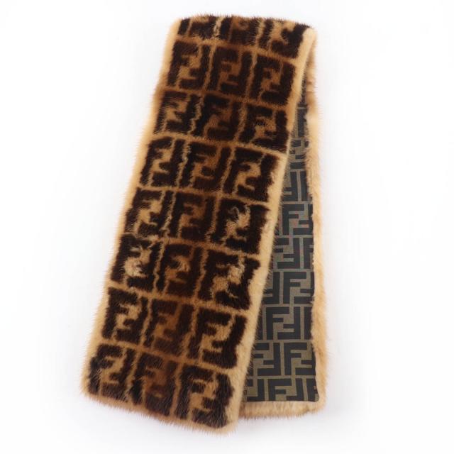 極美品☆FENDI フェンディ FNG453 FFロゴ ズッカ柄 Fロゴチャーム付 ミンクファー ティペット ショール ブラウン 保存袋付 伊製 正規品