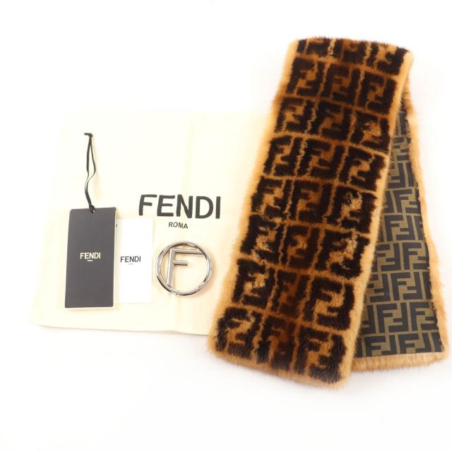 極美品☆FENDI フェンディ FNG453 FFロゴ ズッカ柄 Fロゴチャーム付 ミンクファー ティペット ショール ブラウン 保存袋付 伊製 正規品_1