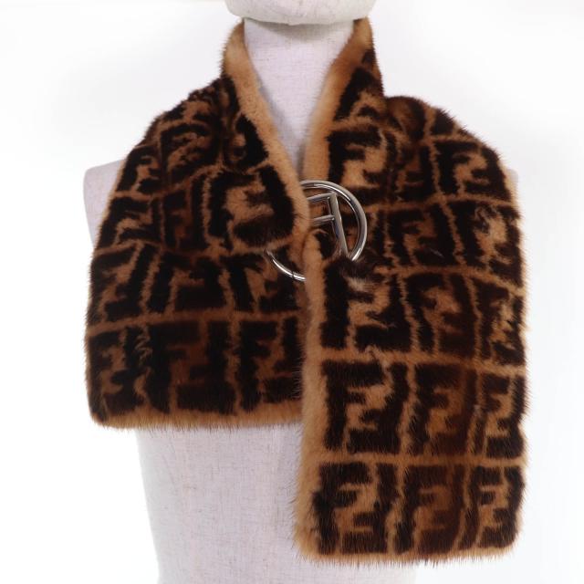 極美品☆FENDI フェンディ FNG453 FFロゴ ズッカ柄 Fロゴチャーム付 ミンクファー ティペット ショール ブラウン 保存袋付 伊製 正規品_2