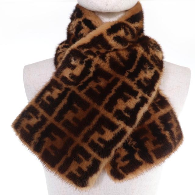 極美品☆FENDI フェンディ FNG453 FFロゴ ズッカ柄 Fロゴチャーム付 ミンクファー ティペット ショール ブラウン 保存袋付 伊製 正規品_3