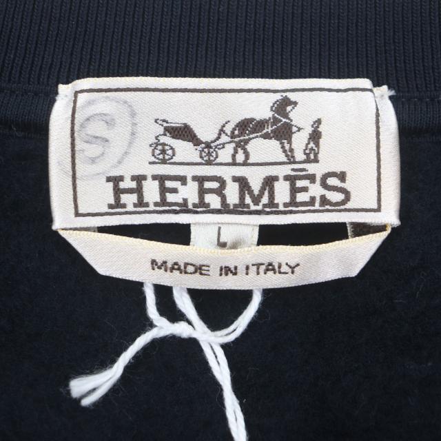 未使用品▼HERMES エルメス ETRIERS DECALES コットン100% レザー使い クルーネック 裏起毛 ロングスリーブ プルオーバー スウェット ダークネイビー L イタリア製 メンズ 未使用品▽HERMES エルメス ETRIERS DECALES レザー使 クルーネック 裏