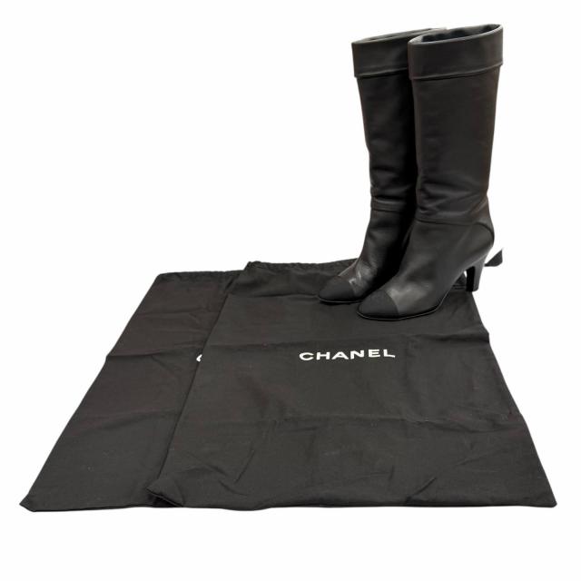 美品◇CHANEL シャネル G36438 ココマークステッチ チャンキーヒール ラウンドトゥ レザー ロングブーツ 黒 36.5 保存袋付き イタリア製_1