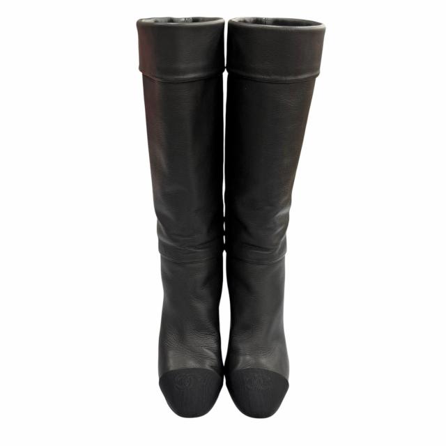 美品◇CHANEL シャネル G36438 ココマークステッチ チャンキーヒール ラウンドトゥ レザー ロングブーツ 黒 36.5 保存袋付き イタリア製_6
