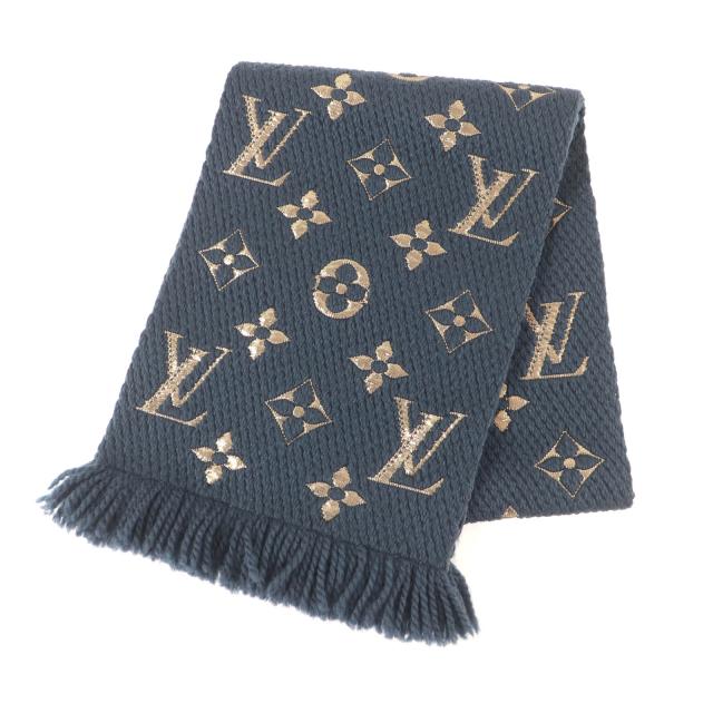 極美品★LOUIS VUITTON ルイヴィトン M70815 エシャルプロゴマニアシャイン シルク混 ブルーペトロール モノグラム マフラー 箱付