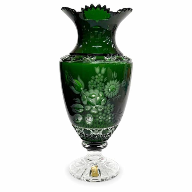 極美品◇Meissen マイセン クリスタルガラス 緑被せ 花文彫刻 フラワーベース 花瓶 クリアグリーン 高さ29cm  レディース オススメ◎