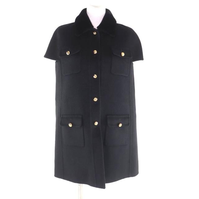 極美品★PRADA プラダ 2024年製 P608SP カシミヤ100％ シープファー付 ロゴボタン 半袖 コート ブラック 36 伊製 正規品 レディース