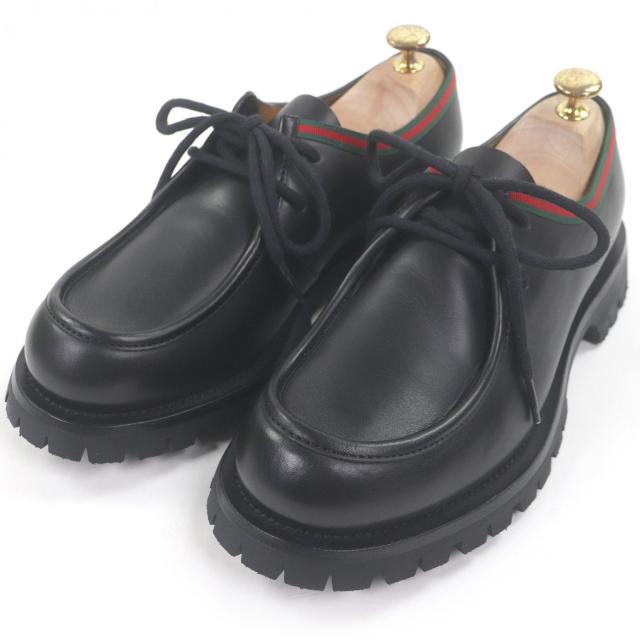 未使用品□GUCCI グッチ 643721 レザー ウェブストライプ チロリアンシューズ デッキシューズ ブラック 7 箱・保存袋付き イタリア製