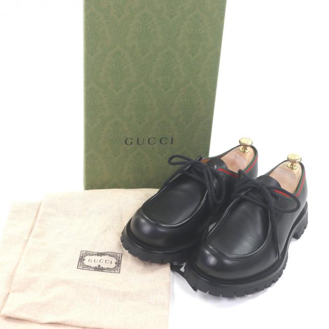 未使用品□GUCCI グッチ 643721 レザー ウェブストライプ チロリアンシューズ デッキシューズ ブラック 7 箱・保存袋付き イタリア製