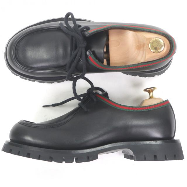 未使用品□GUCCI グッチ 643721 レザー ウェブストライプ チロリアンシューズ デッキシューズ ブラック 7 箱・保存袋付き イタリア製