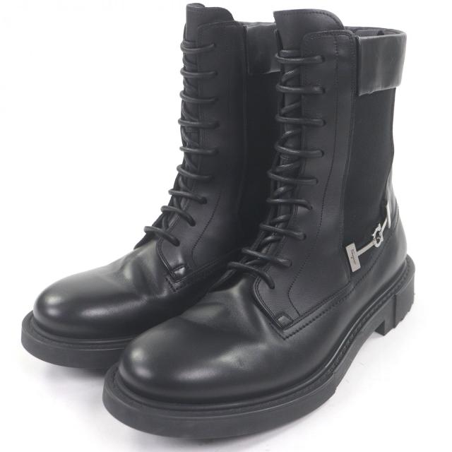 美品□Salvatore Ferragamo サルヴァトーレフェラガモ レザー ガンチーニ シルバー金具 レースアップ アンクルブーツ 黒 8.5 イタリア製