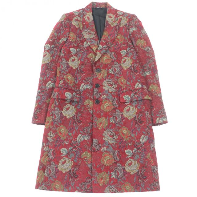 極美品□DOLCE&amp;GABBANA ドルチェ＆ガッバーナ 黒タグ フラワー 総柄 ジャガード チェスターコート レッド 48 ハンガー付き 伊製 正規品