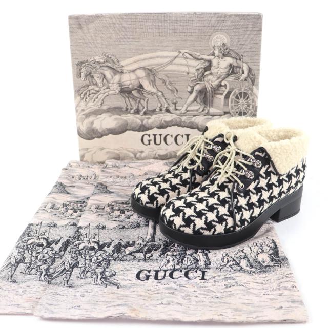 未使用品☆GUCCI グッチ 591039 千鳥格子 ハウンドトゥース レザー使い ボア ショートブーツ ブラック ホワイト 37 伊製 レディース_1