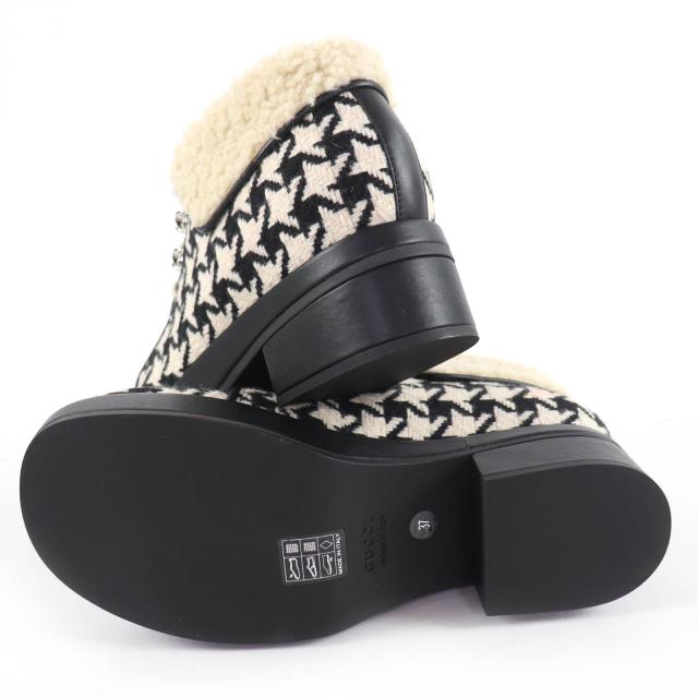 未使用品☆GUCCI グッチ 591039 千鳥格子 ハウンドトゥース レザー使い ボア ショートブーツ ブラック ホワイト 37 伊製 レディース_6