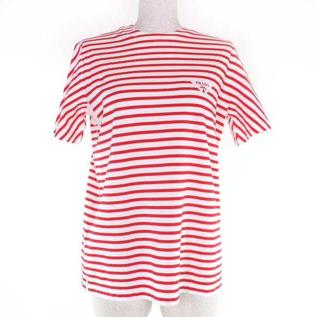 未使用品☆PRADA プラダ 22SS 3590A コットン100％ トライアングルロゴ ボーダー柄 半袖Ｔシャツ レッド ホワイト XS イタリア製 正規品