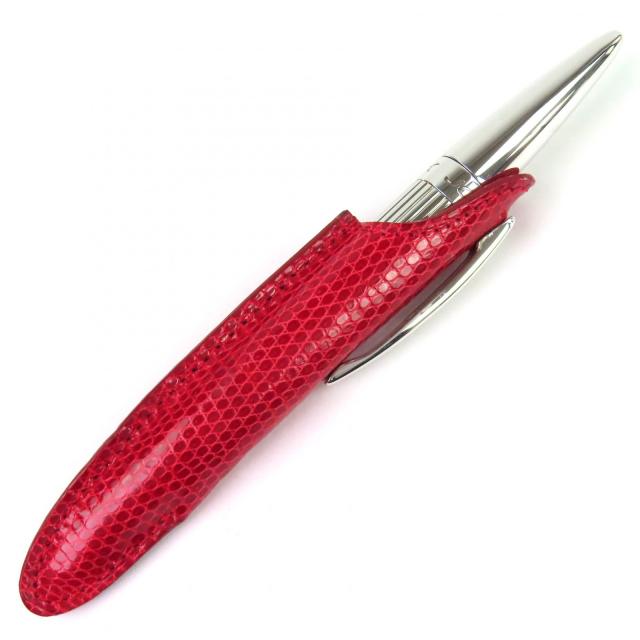 極美品△JORG HYSEK ヨルグ イゼック クロコダイルレザーケース付き ロゴ刻印 ツイスト式 ボールペン シルバー レッド メンズ 筆記確認済_1