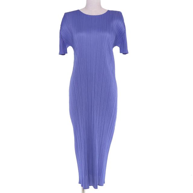 極美品☆PLEATS PLEASE プリーツプリーズ イッセイミヤケ 25SS PP51JH135 半袖 ロング丈 ワンピース ブルー 4 日本製 正規品 レディース