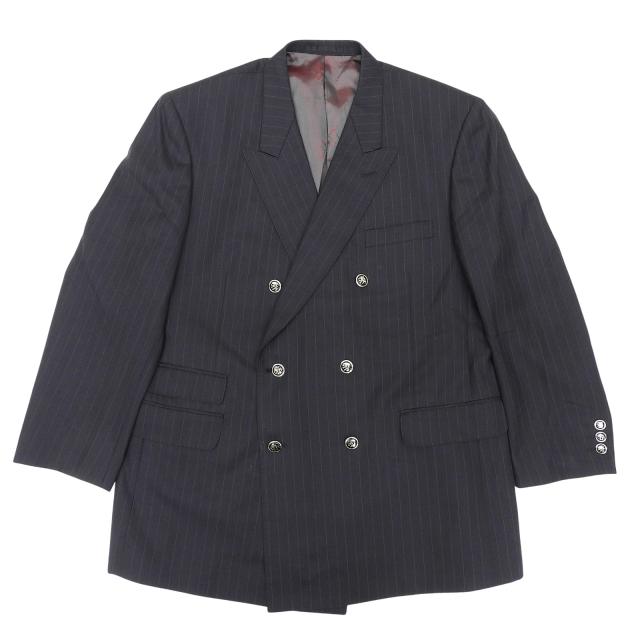 美品▲Dunhill ダンヒル ストライプ柄 エンブレムボタン付 ダブルブレスト ブレザー テーラードジャケット ネイビー Lサイズ相当 メンズ