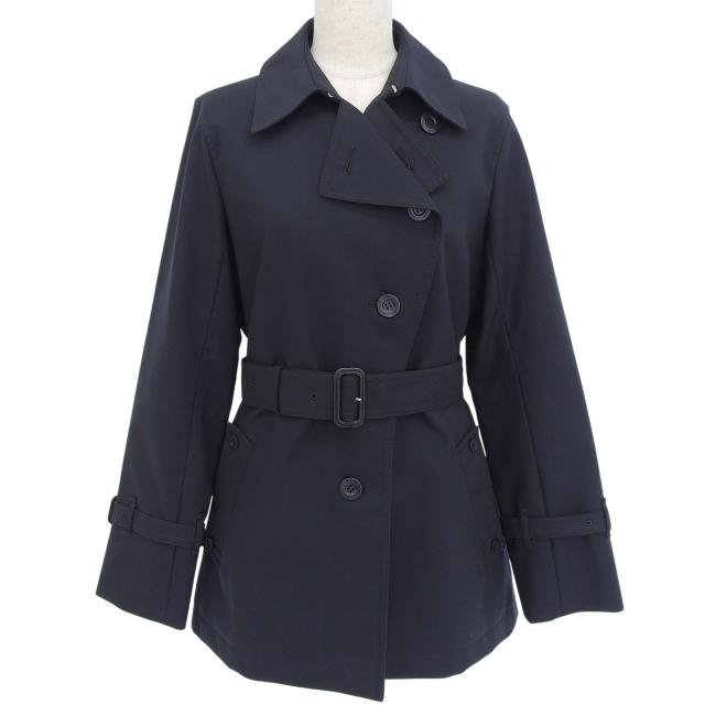 美品▲Aquascutum アクアスキュータム 裏チェック柄 ロゴボタン ベルト付き ショート トレンチコート ブラック 7F 正規品 レディース