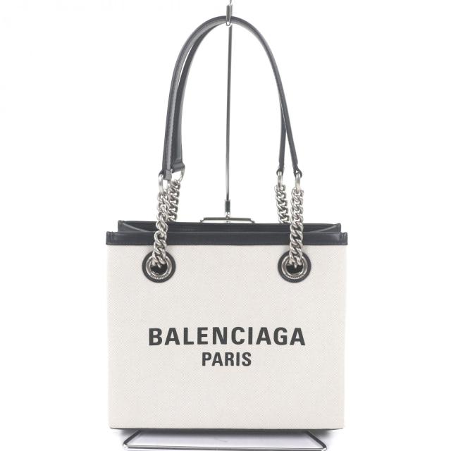 極美品□BALENCIAGA バレンシアガ 759941 DUTY FREE TOTE S キャンバス レザー チェーンショルダー ハンドバッグ ライトベージュ 伊製