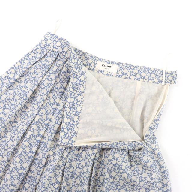極美品★CELINE セリーヌ 2J264757L シルク100％ エディ期 フローラルプリント フレアスカート ライトブルー オフホワイト 38 正規品_4